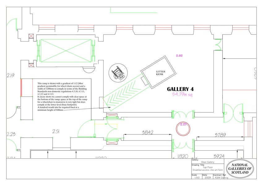 Architect's drawing showing the letter writing booth in the centre of the gallery and a ramp running from it to the corner of the room.