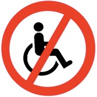 Image showing the symbol for a wheelchair user on a white background, surrounded by a red circle and with a red line crossing the symbol out in a similar way to a No Entry or No Smoking sign