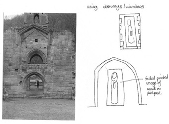 shows a photo of an archway at the Priory and Rita's sketches suggesting its use