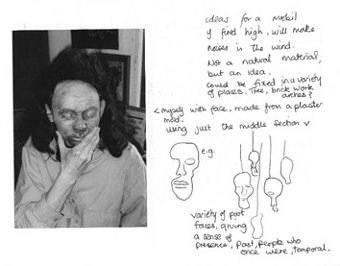 shows photo of Rita with clay mask of her face, and sketches of how this might be used