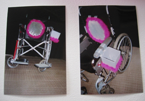 Photographs of the design for the disco cushion and clubbing bag on the wheelchair