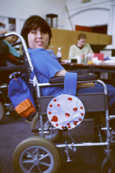 A member of Tuesday Rendevous with a prototype bag on her chair