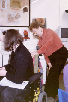 Mavis Ridley tries on her seat cover design with Sheree Goulding
