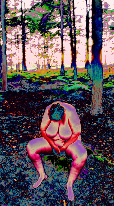 Digitally manipulated colour photograph of a nude woman seated in a forest, looking down at the ground.