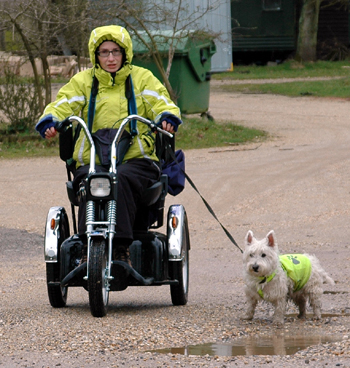 Colour photograph of the artist in a lime-green all-weather jacket, riding an off-road mobility scooter, with a Westie on a lead in a fluorescent safety jacket