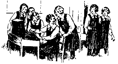 Line drawing of 1920s schoolgirls