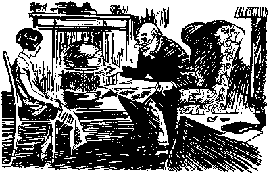 Black and white illustration of an old man sitting opposite a schoolgirl and lecturing her over a newspaper