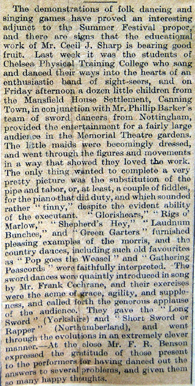Newspaper review of the Stratford performance.