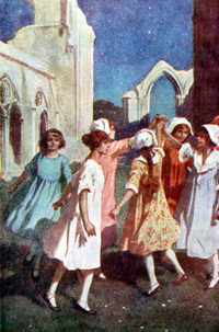 Book illustration showing girls folk dancing in the Abbey ruins