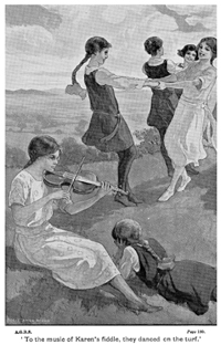 The frontispiece of the Abbey Girls Go Back to School, showing a girl playing a fiddle while other girls dance on the moors