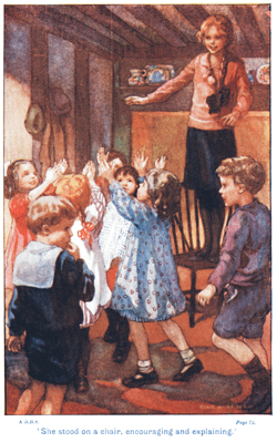 Book illustration showing a girl standing on a chair teaching a group of children to dance