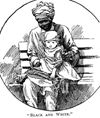 Black and white engraving of a man in a turban holding  a child