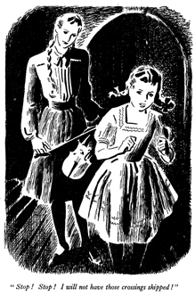 Black and white drawing showing a young girl in bunches speaking, while a taller girl behind her holds a fiddle