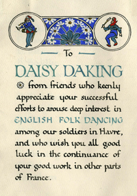 Hand-lettered inscription to Daisy Daking from her friends in le Havre