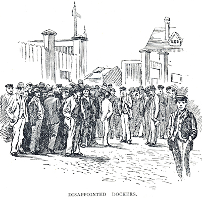 Black and white engraving titled "Disappointed Dockers"