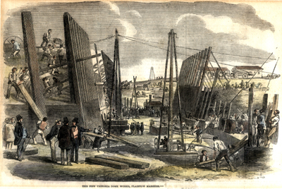 Coloured engraving of workers building the Royal Victoria Dock