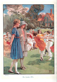 Colour illustration of two young women in the foreground and people dancing in the background