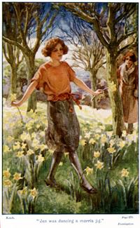Colour photograph of a girl dancing a jig among daffodils in the wood