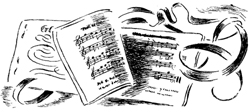 Black and white drawing showing manuscript music