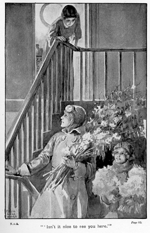 Black and white book illustration showing a woman leaning over a stair case greeting two other women, both wearing early motoring clothes and carrying flowers.