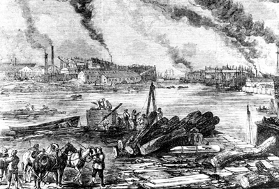 Black and white engraving of people building ships on the river bank
