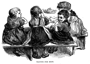 Black and white engraving of young children seated at a table.