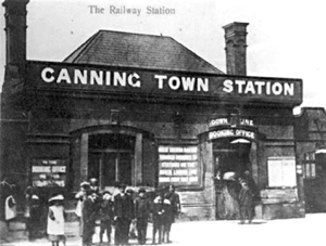 Black and white photograph of Canning Town station
