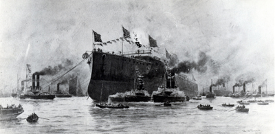 Black and white engraving of the launch of the Thunderer
