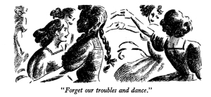 Black and white drawing of girls dancing