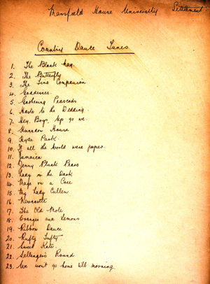 Foolscap list of handwritten dance tunes in an italic script