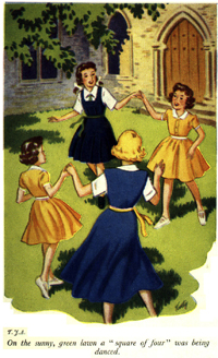 Colour illustration of two schoolgirls dancing with two younger children in front of an Abbey.