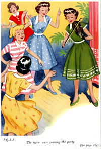 Colour illustration of girls in 1950s dresses folk dancing.
