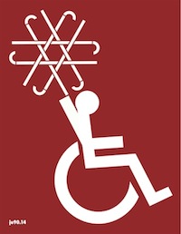 Graphic image of a wheelchair user holding up a sword dancing star made of walking sticks. The image is white against a dark red background.