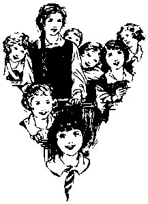 Black and white illustration of a crowd of smiling, old-fashioned schoolgirls