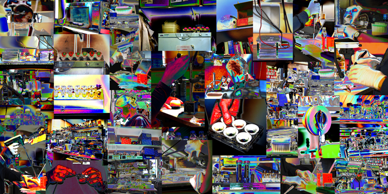 This is a digital photographic montage of around 33 different images of laboratory activities. All of the images have been manipulated so that they are highly coloured, and look more like screen prints than traditional photographs.
In some images close-ups show scientists' hands at work - a hand holds out a tray of samples; an egg is injected through a tiny tube; samples are put into micro-tubes or cut up under microscopes; liquids are put into jars. Other images show close-ups of scientists' faces as they look down microscopes or into computer screens. The majority of the images, though, simply show close-ups of the laboratory environment - boxes, test tubes and plastic bottles lining shelves or sitting on benches; scissors and tape hanging up; wires coming out of dishes; eggs sitting on the top of a fridge; a football sitting on top of chemistry text books; and the general clutter that all of this makes. 

