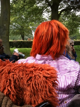 Colour photograph of the back of a woman's dyed red hair against a background of trees and grass. She is wearing a pink striped shirt and the fleece on the back of her wheelchair is the same colour as her hair.