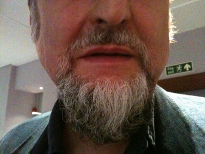 Colour photograph of the lower half of a man's grey bearded face.