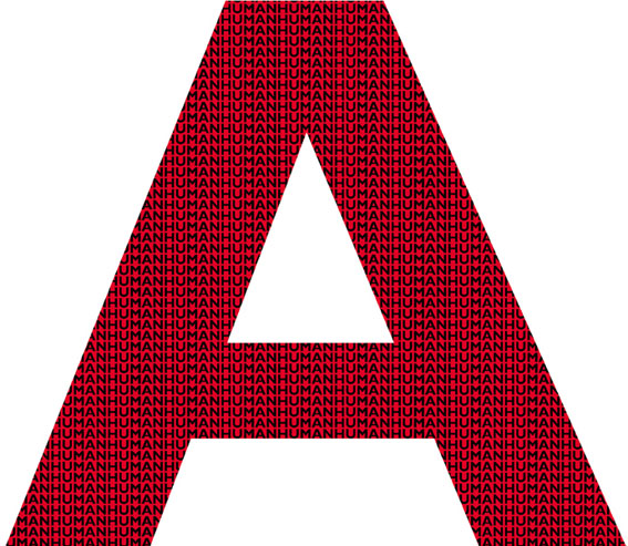 Large capital letter A. It is composed of the word Human written repeatedly in black letters against red.