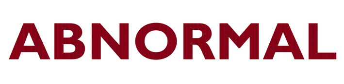 This is a digital text-based image. Against a white background, large blood-red capital letters spell the word 'Abnormal'. Close up, it can be seen that each letter is composed of dozens of smaller black letters against a red background. Each of these smaller letters helps to spell out repeatedly the word human.