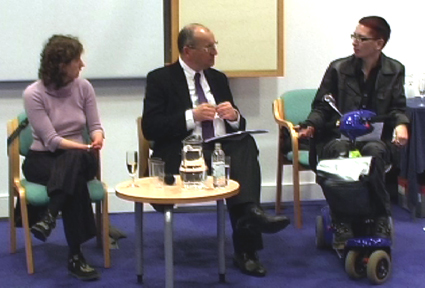 Video still of Ju Gosling talking with Theresa Veith and Jim Hunter at Bournemouth Library