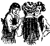 Black and white illustration of three giggling schoolgirls