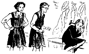Black and white illustration of three old-fashioned schoolgirls in a school cloakroom, two of them towering over the third and appearing to be arguing with her