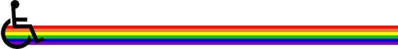 Image of an elongated rainbow flag with a wheelchair user symbol at the left-hand end
