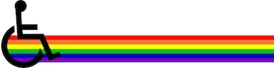 Image of an elongated rainbow flag with a wheelchair user symbol at the left-hand end