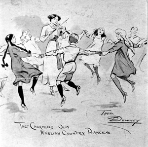 Black and white sketch of children dancing in a circle around a woman playing a fiddle