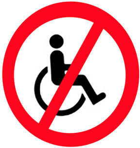 Rollstuhl-Symbol von einem roten Kreis umgeben, von einer roten Linie durchzogen, das sich in ein Stopp-Signal verwandelt.